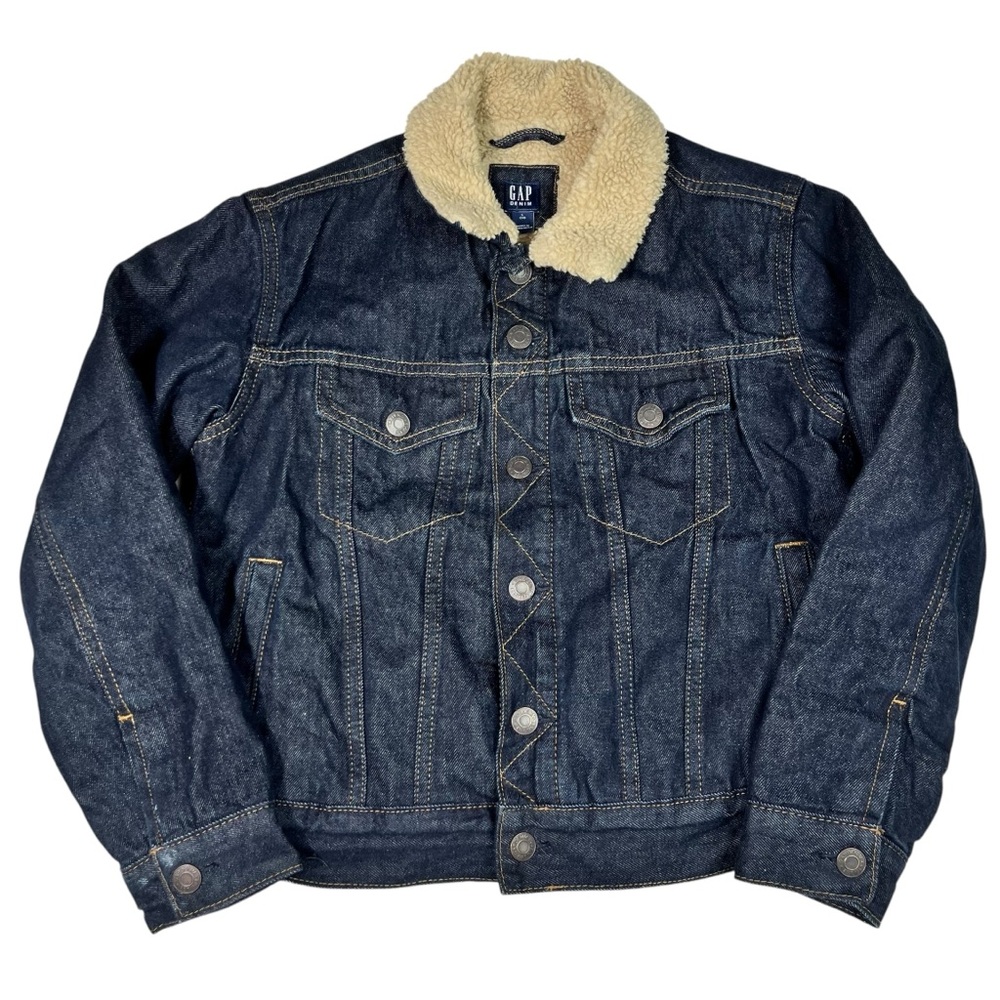 Gap Kids Sherpa Lined Collared Dark Wash Western Stitch Denim Jean Jacket Large